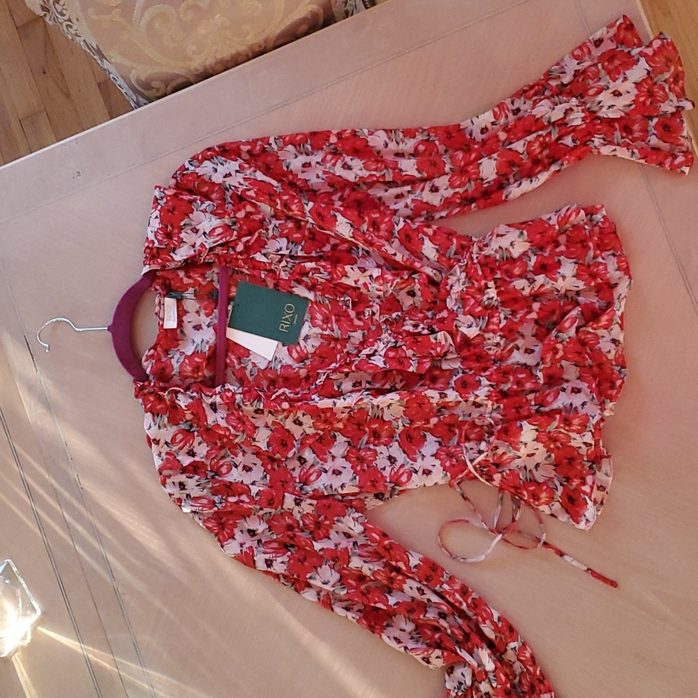 Women's red floral wrap around blouse 100% silk